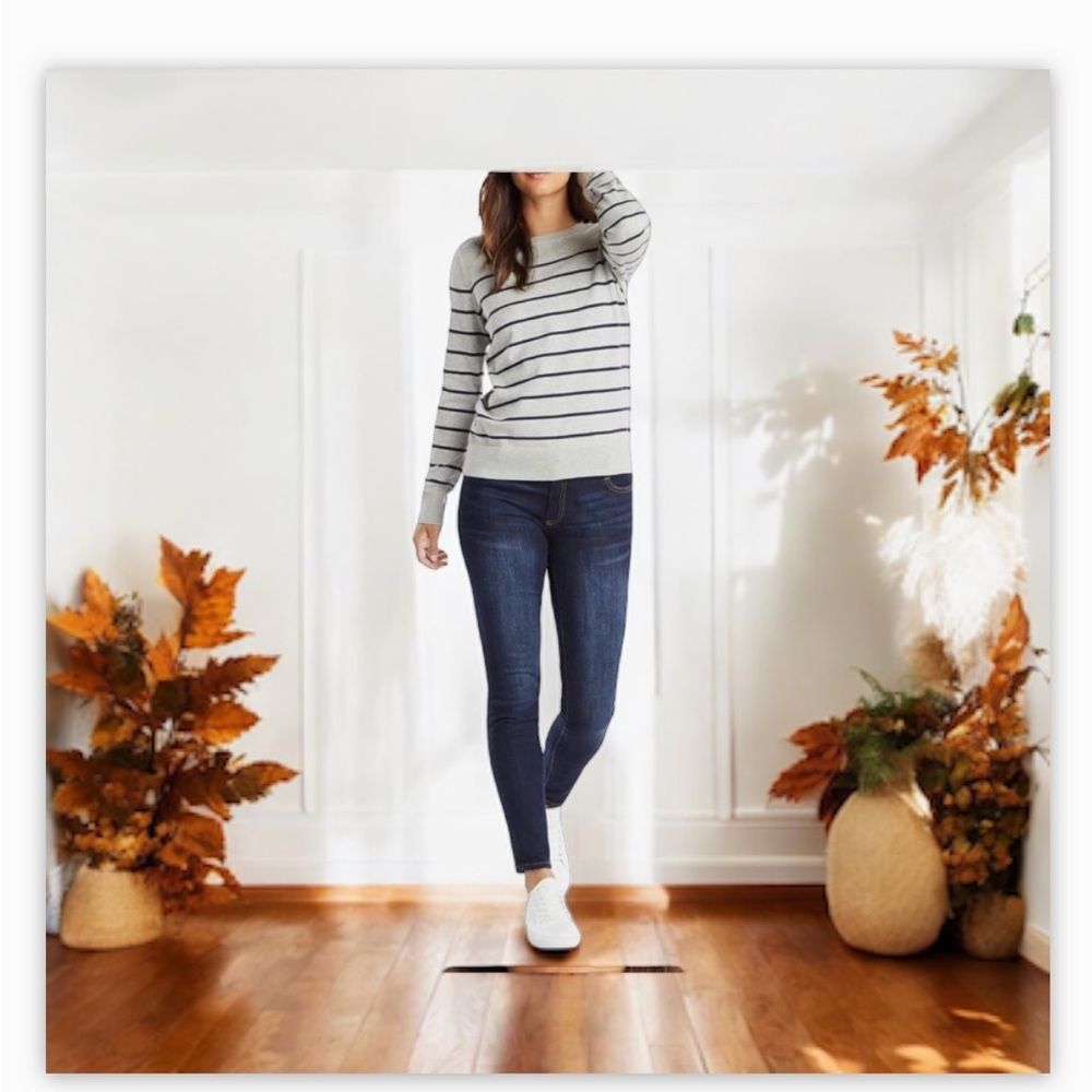 JACOB Grey/Black Stripe Knit Sweater -Boatneck-Button at neck detail -SzM-EUC🍂 - Picture 2 of 11